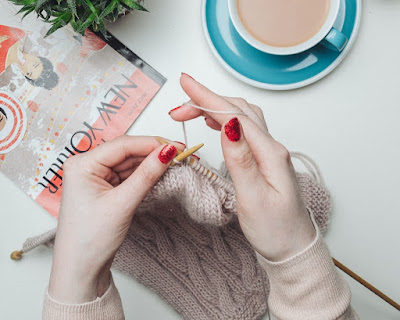 Knitting, magazine and a cup of tea