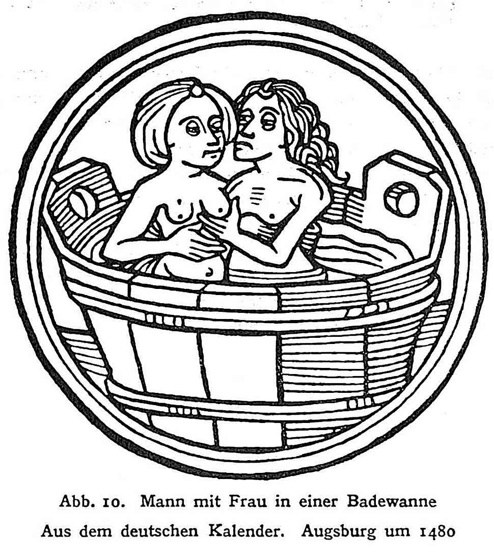 a 1480 man and wife in a bath tub from a German calendar