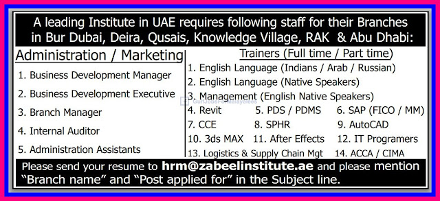 A Leading Institute In UAE Seeking Following Vacancies