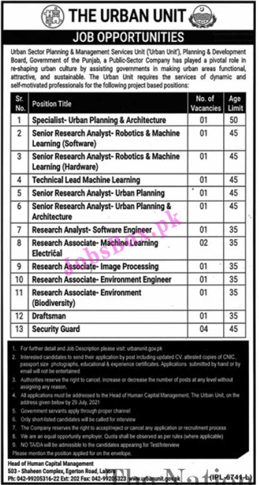 The Urban Unit Jobs 2021 – Application Form www.urbanunit.gov.pk