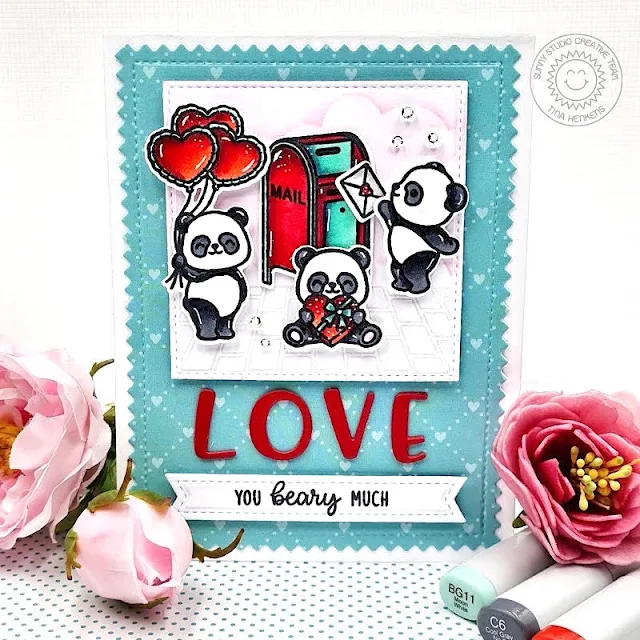 Sunny Studio Stamps: Bighearted Bears Love Themed Card by Tina Henkens (featuring Chloe Alphabet Dies, Sprawling Surfaces, Frilly Frame Dies)