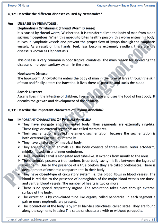 Kingdom Animalia - Short Questions Answers - Biology XI