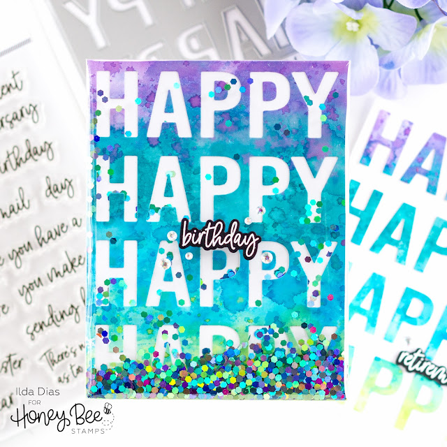 Happy Happy Happy A2 Cover Plate, Birthday Bliss,Sneak Peeks, Frameless Shaker Card, Honey Bee Stamps, Birthday, Shaker, Edge to Edge Shaker, Retirement,Card Making, Stamping, Die Cutting, handmade card, ilovedoingallthingscrafty, Stamps, how to,
