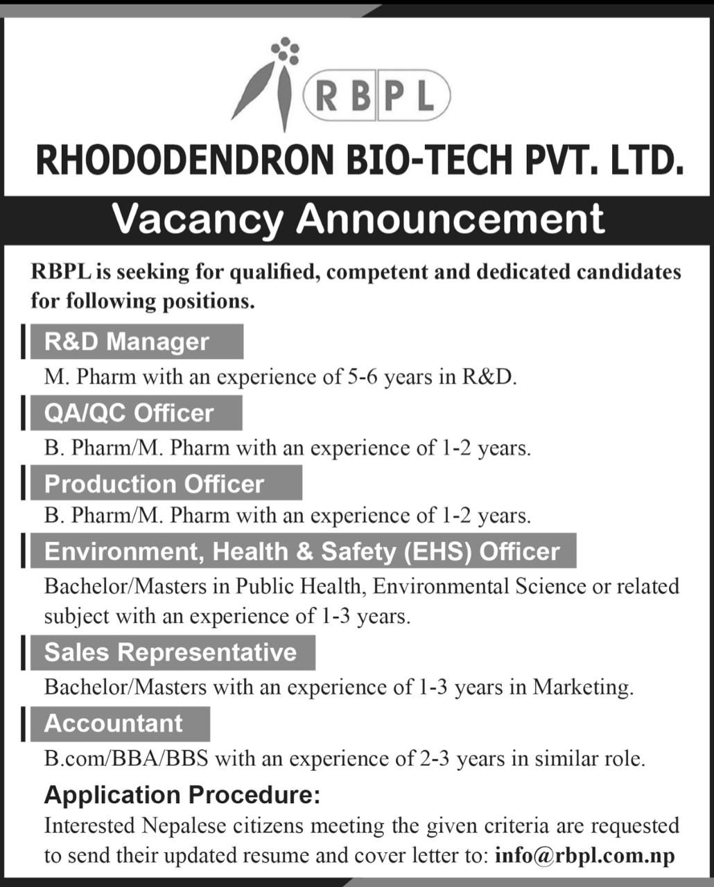 Job Availables, Rhododendron Biotech Pvt. Ltd Job Opening for R&D / QA / QC / Production / EHS / Sales / Accounts Department
