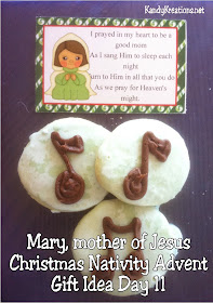 Celebrate Christmas with Mary, the mother of Jesus in this Christmas Nativity Advent gift idea for your family, friends, and neighbors.  Enjoy this music note sugar cookie recipe as you pray and sing with Mary to remember the Christ child this Christmas season. #virginmary #bagtopper #nativity #advent #christmas #christmasprintable #diypartymomblog
