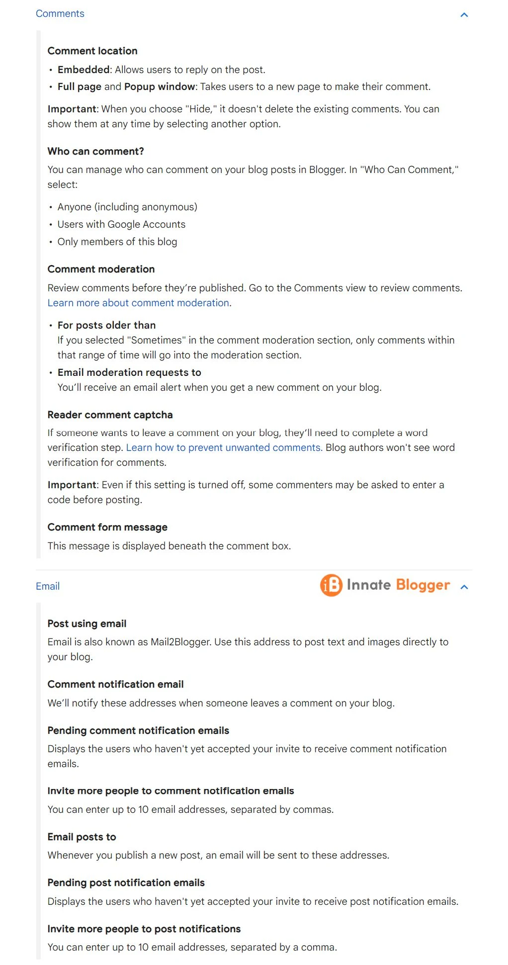 Details about Comments and Email Settings in Blogger