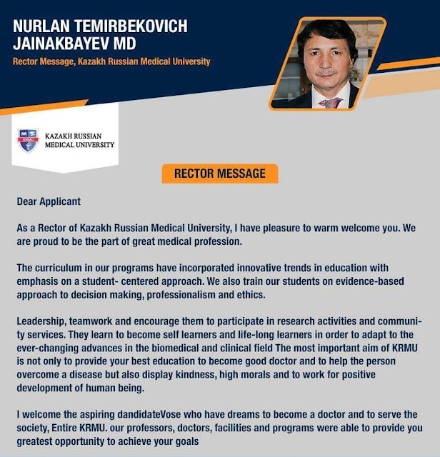 Rector Message About Kazakh-Russian Medical University, Almaty Kazakhstan