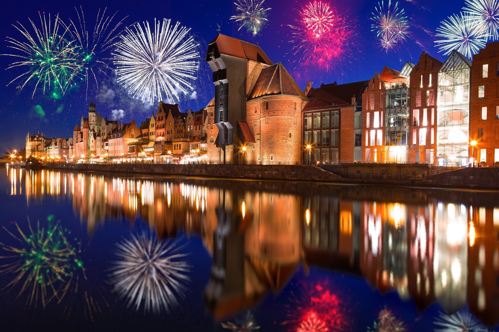 poland, Houses, Fireworks, River, Gdansk, Night, Cities, House, Reflection, New Year Wallpaper HD