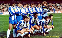 R. C. D. ESPAÑOL DE BARCELONA - Barcelona, España - Temporada 1981-82 - Canito, Miguel Ángel, Job, Molinos, Escalza y Custers; Urbano, Lauridsen, Giménez, Vilches y Marañón - F. C. BARCELONA 1 (Alexanco), R. C. D. ESPAÑOL 3 (Urbano, Lauridsen y Murúa) - 28/03/1982 - Liga de 1ª División, jornada 30 - Barcelona, Nou Camp - El Español se clasificó 13º en la Liga, con Maguregui de entrenador