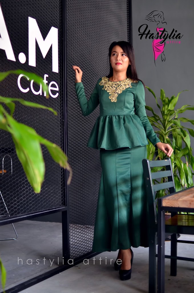 HA16001 - Green Peplum Top set with Long Skirt