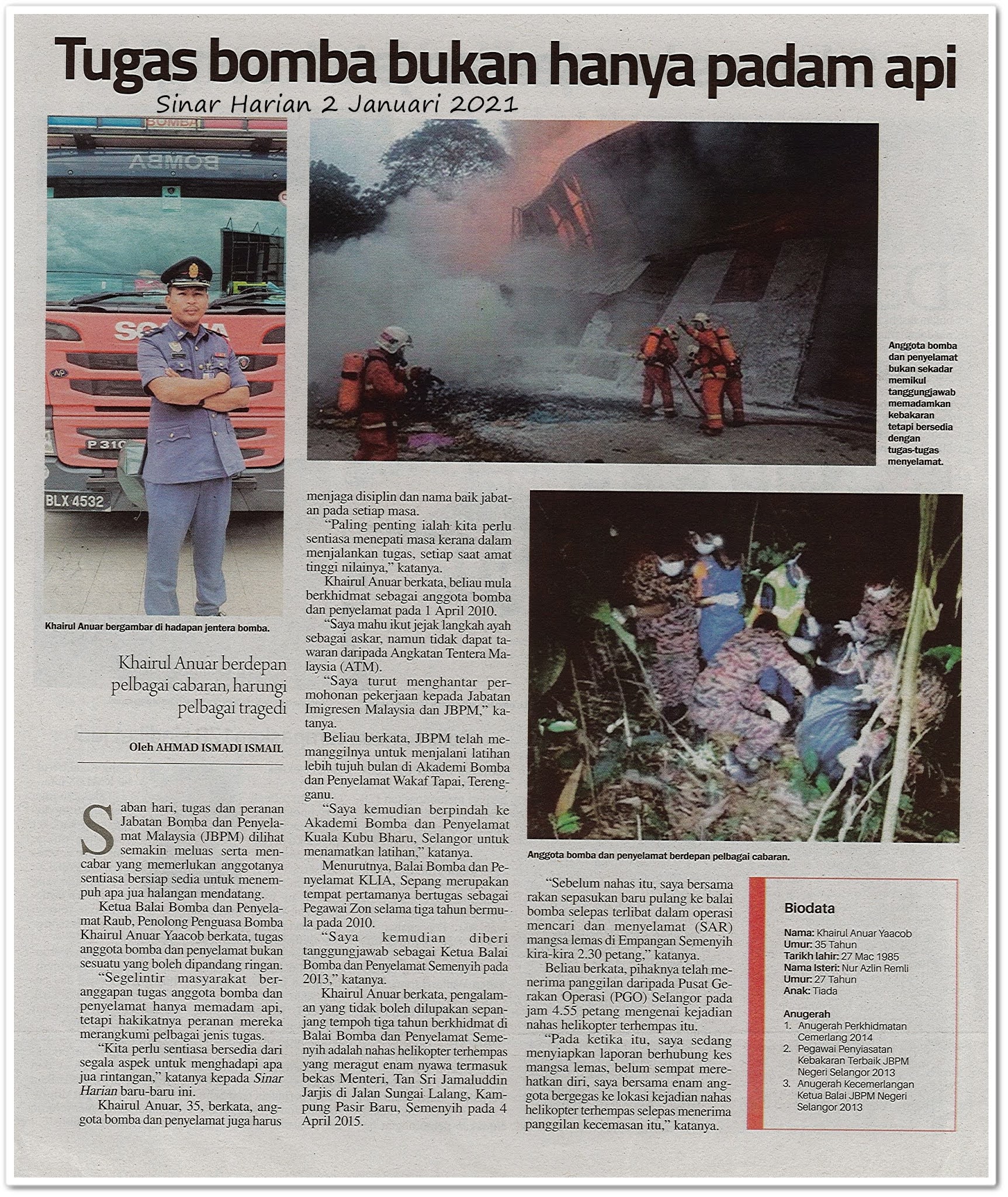 Tugas bomba bukan hanya padam api - Keratan akhbar Sinar Harian 2 Januari 2021