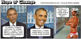 obama, obama jokes, cartoon, political, humor, conservative, stilton jarlsberg, hope n' change, hope and change, ebola, nurses, hug, kiss, cdc