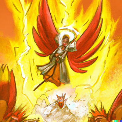 An AI-generated image of an angel hurling fire