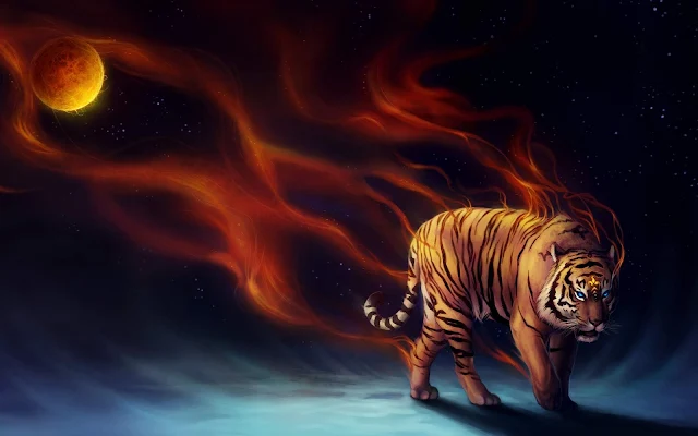   Fantasy Fire Tiger Wide Screen Wallpaper.