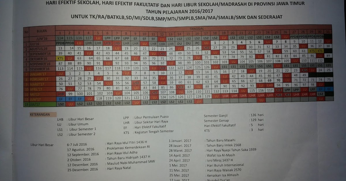 Kalender Pendidikan Jawa Timur Tahun Ajaran 2016/2017 