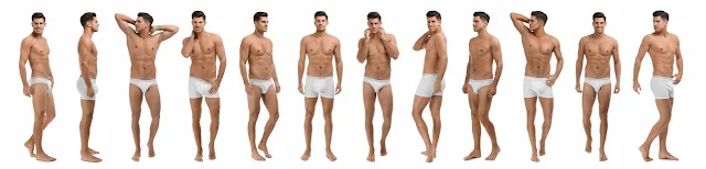 Panoramic view of a handsome male model showcasing various underwear styles, including briefs and boxers, in different profiles.
