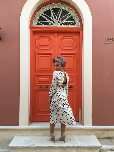 Lefkada, Greece, how to wear open back, open back dress, how to wear midi dress, wicker bag, vintage wicker bag, polkadot dress, best canadian fashion blogger, blogger midi dress, fashion blogger style dress