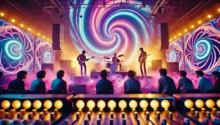 Ecouter un concert de rock psychédélique avec des lumières de néon vibrantes, un jeu de lumière en spirale, et un groupe de musique plongé dans la musique, sous des teintes violacées et or, représentant la fusion du style rétro