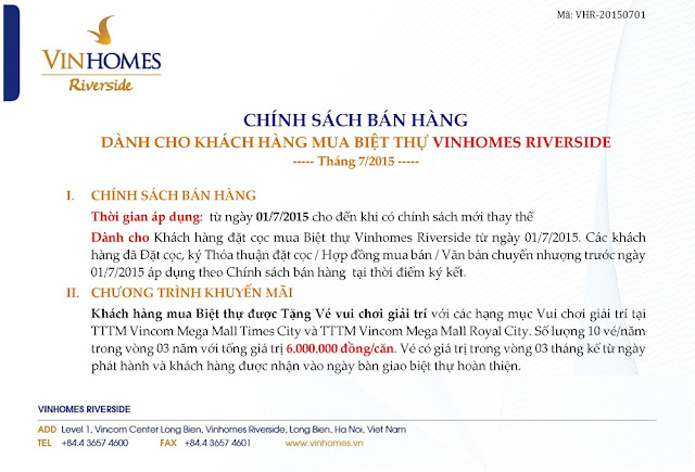 Chính sach bán hàng dành cho khách hàng mua biệt thự vinhomes  riverside