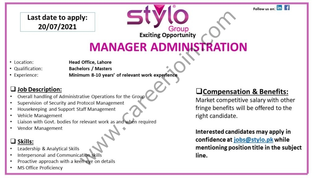 Stylo Pvt Ltd Jobs Manager Administration 2021