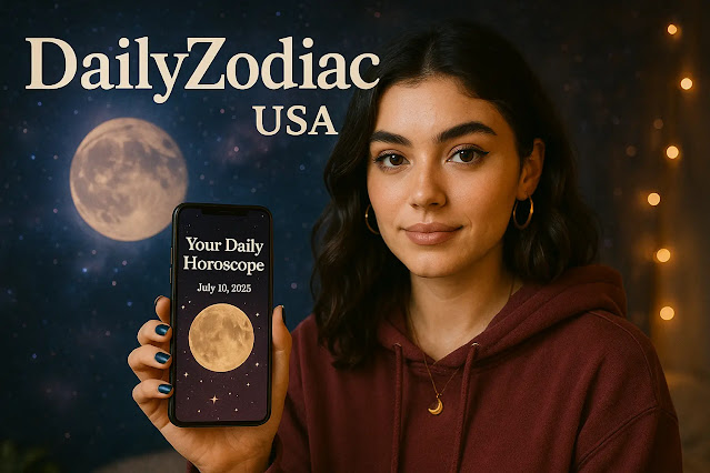 A Gen Z woman in a burgundy hoodie holds a phone showing her daily horoscope, with a full moon and starry sky in the background.