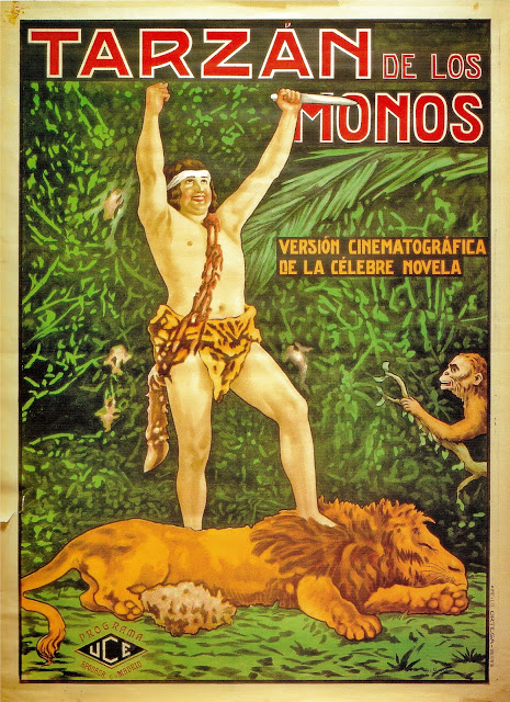 TARZÁN DE LOS MONOS. Cartel: 140 x 165 cms. España. Cartelista: Joaquín García. Impresión: Imp. y Lit. Ortega, Valencia. TARZÁN DE LOS MONOS / TARZÁN O EL HOMBRE MONO, 1ª PARTE. Tarzan of the Apes. 1918. Estados Unidos. Dirección: Scott Sidney. Reparto: Elmo Lincoln, Enid Markey, Gordon Griffith, True Boardman, Kathleen Kirkham, Thomas Jefferson, Bessie Toner.