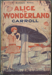 A cover for "Alice in Wonderland" in which a flapper-like Alice stands next to a giant mushroom.