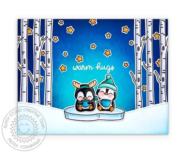 Sunny Studio Warm Hugs Hot Cocoa Holiday Christmas Card (using Penguin Party & Bear Hugs Stamps, Slimline Nature Border Dies)