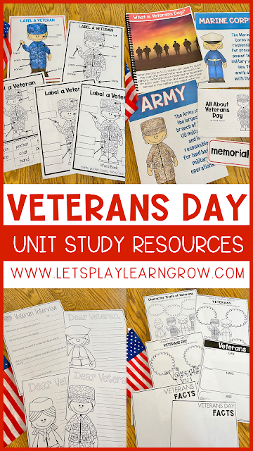Veterans Day Unit Study Resources-A collage of printable Veterans Day resources for homeschool or classroom students