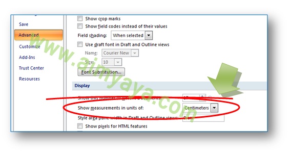 Gambar: cara mengatur setting word options untuk merubah tampilan dari inchi menjadi centimeter atau milimeter di microsoft word 2007