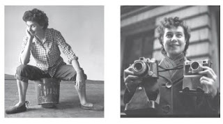 black and white portraits of photographer Sonia Handelman Meyer seated in her studio and Ida Wyman holding her cameras circa 1940s