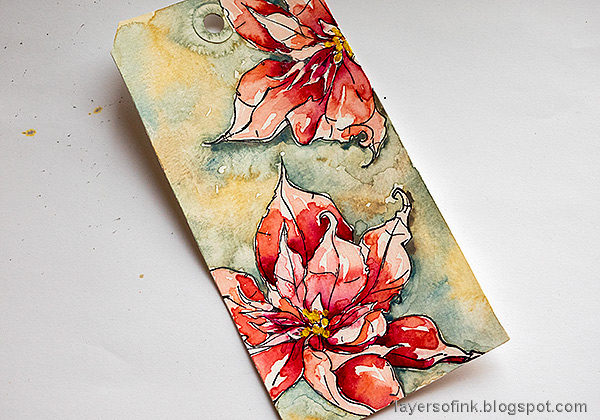 Layers of ink - Poinsettia Watercolor Tag Tutorial by Anna-Karin Evaldsson. Paint the background.