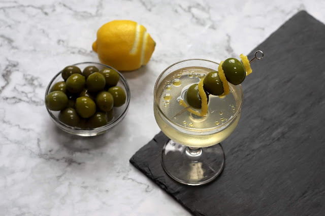Islay and Olive, a dirty vodka martini with smoky Scotch