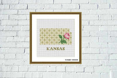 Kansas USA state map flower ornament cross stitch pattern