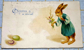 iepuras de Paste cu flori si oua - Christos a inviat 1929 - perioada interbelica vintage