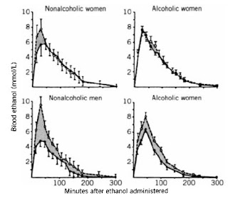 Figure 2. Effects of gender and chronic alcohol abuse on blood ethanol concentrations. Ethanol was administered orally (solid lines) or intravenously (dashed lines) in a dose of 0.3 g/body weight. The shaded area represents the difference between the curves for the two routes of administration (the first-pass metabolism).