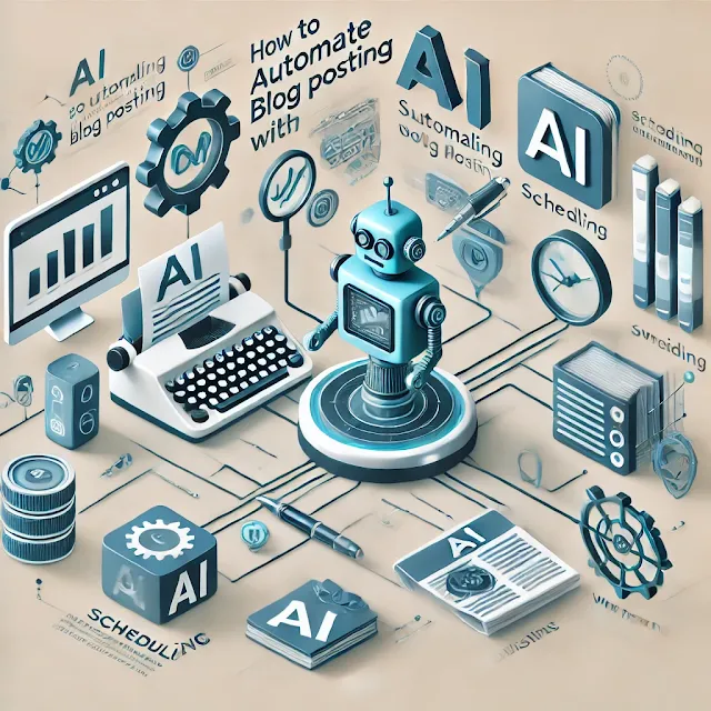 A modern infographic illustrating how to automate blog posting with AI, showcasing the best AI tools for scheduling, writing, and publishing content efficiently.