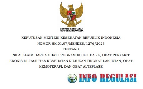 Kepmenkes Nomor 1276 Tahun 2023 Tentang Nilai Klaim Harga Obat Program Rujuk Balik, Obat Penyakit Kronis Di Fasilitas Kesehatan Rujukan Tingkat Lanjutan, Obat Kemoterapi, Dan Obat Alteplase