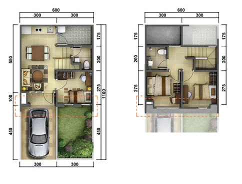 Denah rumah minimalis ukuran 6x11 meter 3 kamar tidur 2 lantai