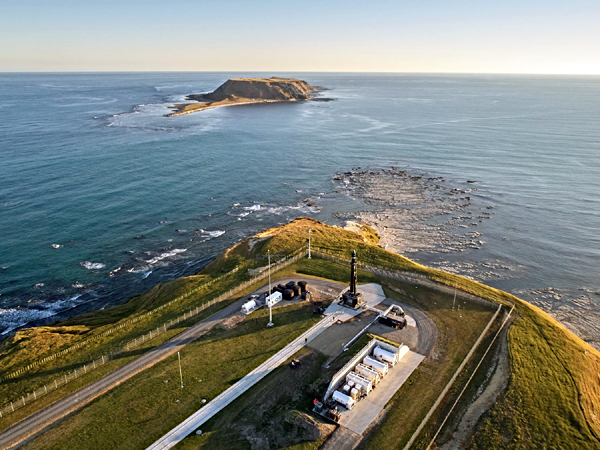 An Electron rocket sits atop its pad at Rocket Lab's Launch Complex 1 in New Zealand.