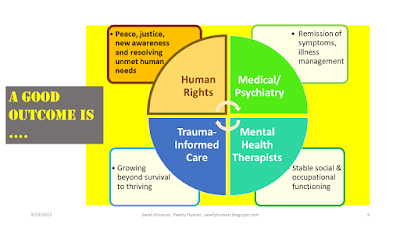 Human Rights  Peace, justice, new awareness       and resolving unmet human needs Medical/ Psychiatry  Remission of symptoms, illness management Mental Health Therapists  Stable social & occupational functioning Trauma- Informed Care  Growing beyond survival to thriving