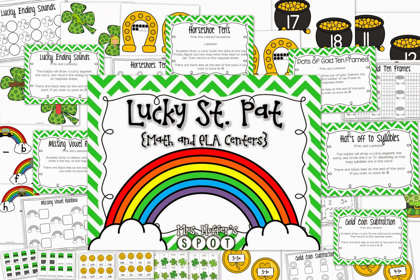 This unit has 6 St. Patrick's Day themed centers and 3 St. Patrick's Day themed games! It is ready to Print and Go!  This unit hits ending sounds, syllables, Missing Vowels, Ten Frames, Making Ten and Subtraction.