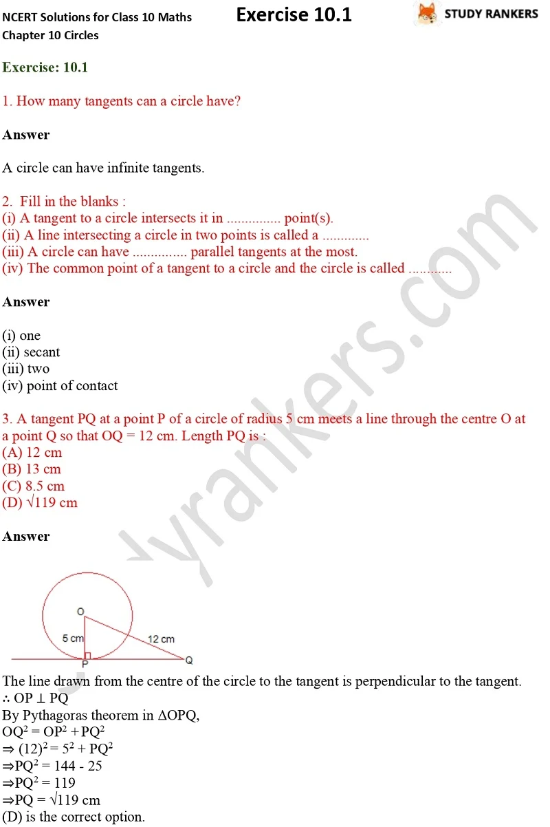 NCERT Solutions for Class 10 Maths Chapter 10 Circles Exercise 10.1 Part 1