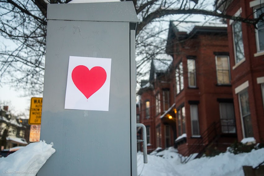 Portland, Maine February 2017 photo by Corey Templeton of Valentine's Day Heart by Valentine's Bandit at State Street and Cumberland Avenue in Parkside neighborhood.