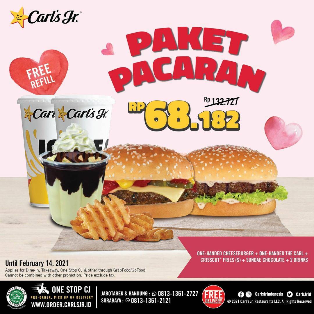 CARL'S JR Promo PAKET PACARAN! harga hanya Rp 68.182 + Gratis Minuman Refill