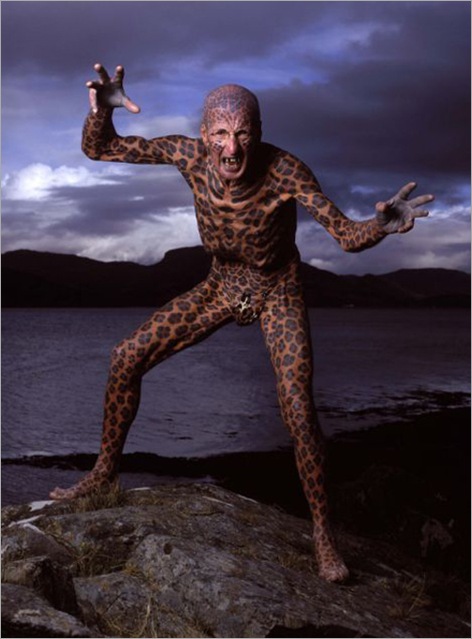 Guinness World Recordô - Most tattooed man. Tom Leppard, from the Isle of Skye, Scotland, has 99.9 % of his body tattooed with a leopard-skin design. The only parts of his body that remain free of tattoos are the insides of his ears and the skin between his toes.
Picture: Drew Gardner/Guinness World Recordsô
(Tel +44 1536 790166/ +44 7860 288624) Guinness World Recordô - Most tattooed man. Tom Leppard, from the Isle of Skye, Scotland, has 99.9 % of his body tattooed with a leopard-skin design. The only parts of his body that remain free of tattoos are the insides of his ears and the skin between his toes.
Picture: Drew Gardner/Guinness World Recordsô
(Tel +44 1536 790166/ +44 7860 288624)