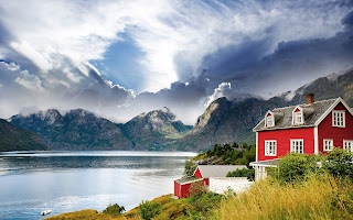 Norway beautiful landscapes fjord mountains red house sea