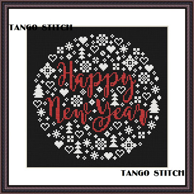 Happy New Year easy white cross stitch ornaments hand embroidery pattern - Tango Stitch