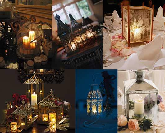 Candles in lanterns or birdcages create a mysterious glow