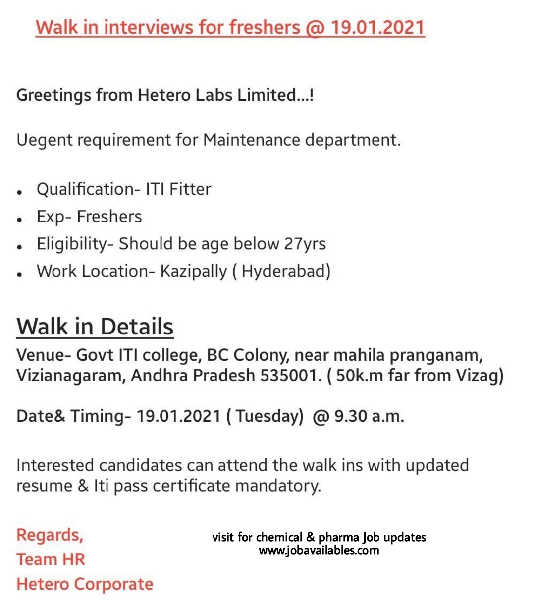 Job Availables, Hetero Interview For Freshers ITI Fitter  In Maintenance Dept